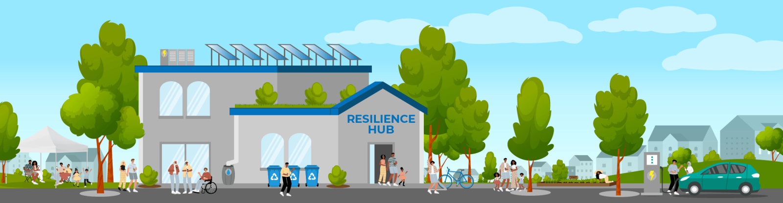 Graphic Image of a buidling that is a Resilience Hub with solar panels, green roof, trees, recycling containers, people, a car charging port, gardens and a playground